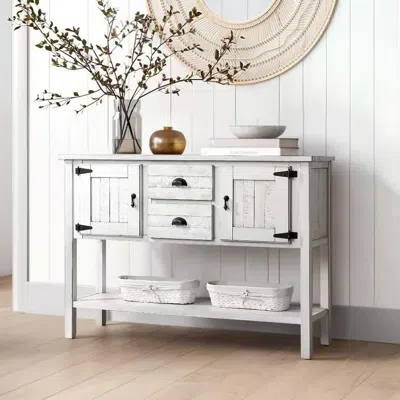 Quikfurn Farmhouse Solid Wood Sofa Table With Storage Drawers In Rustic White Finish
