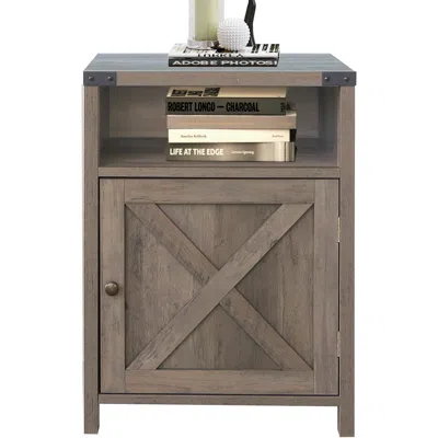 Quikfurn Farmhouse Style End Table Barn Door Nightstand With Open Shelf In Rustic Oak
