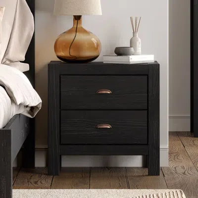 Quikfurn Farmhouse Style Solid Pine Wood 2-drawer Nightstand Bedside Table In Black