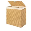 Quikfurn Folding 2-bin Natural Pe Wicker Linen Liner Laundry Hamper W/ Handles