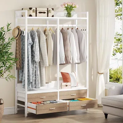 Quikfurn Freestanding White Oak Garment Rack Clothes Hanging Rod With 4 Storage Drawers