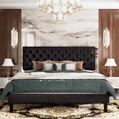Quikfurn Full Black Faux Leather Upholstered Platform Bed With Button-tufted Headboard