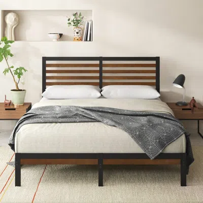 Quikfurn Full Metal Platform Bed Frame With Bamboo Wood Slat Headboard And Footboard