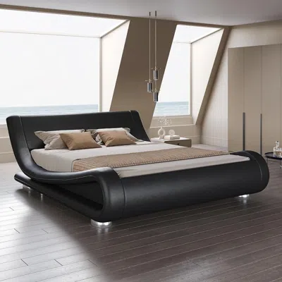 Quikfurn Full Modern Black Upholstered Platform Bed Frame With Sleigh Curved Headboard