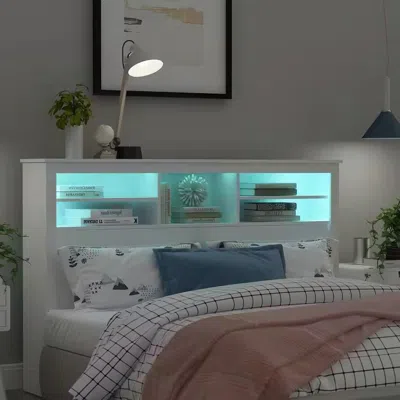 Quikfurn Full / Queen Modern Bookcase Headboard With Led Lights In White Wood Finish