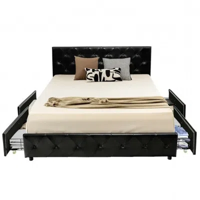 Quikfurn Full Size Black Pu Leather Button Tufted Platform Bed With 4 Storage Drawers