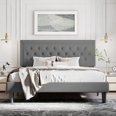 Quikfurn Full Size Dark Grey Linen Upholstered Platform Bed With Button-tufted Headboard