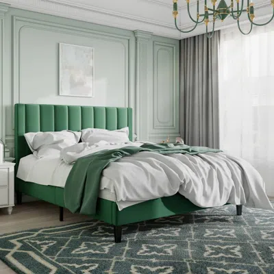 Quikfurn Full Size Green Velvet Upholstered Platform Bed Frame With Headboard