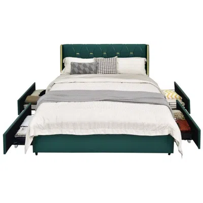 Quikfurn Full Size Green/gold Linen Headboard 4 Drawer Storage Platform Bed