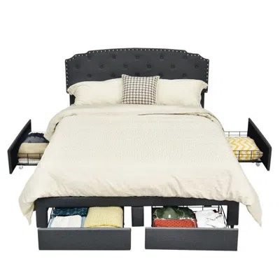 Quikfurn Full Size Grey Linen Adjustable Headboard 4 Drawer Storage Platform Bed