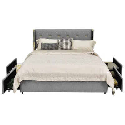 Quikfurn Full Size Grey/gold Linen Headboard 4 Drawer Storage Platform Bed