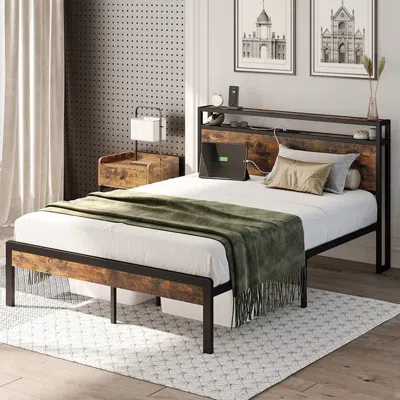 Quikfurn Full Size Industrial Platform Bed Frame With Storage Headboard And Power Outlets