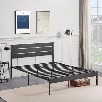 Quikfurn Full Size Industrial Platform Bed Frame With Wood Slatted Headboard In Black