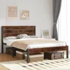 Quikfurn Full Size Modern Farmhouse Metal Platform Bed Frame With Brown Wood Headboard