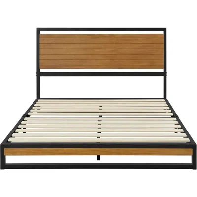 Modern Full Size Bed Frame with Headboard Rustic Metal Platform Bed Frame, Brown main image 0