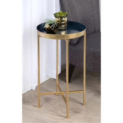 Quikfurn Gold Finish Metal Round End Table Nightstand With Removable Navy Blue Tray Top
