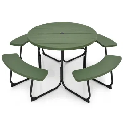 Quikfurn Green All Weather 8 Seater Picnic Table With Umbrella Hole In Brown