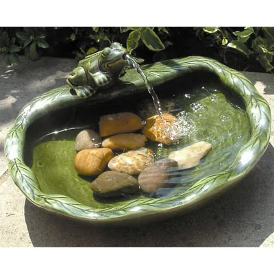Quikfurn Green Glazed Ceramic Fountain Bird Bath With Frog And Solar Pump
