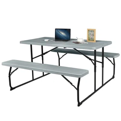 Quikfurn Grey Folding Picnic Table With 2 Benches Outdoor Patio Dining Set