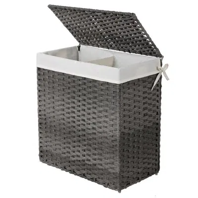 Quikfurn Grey Pp Rattan 29-gal Laundry Hamper Basket W/ 2-compartment Washable Liner Bag