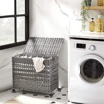 Quikfurn Grey Pp Rattan 3-basket Laundry Hamper Sorter Cart With Removable Cotton Bags