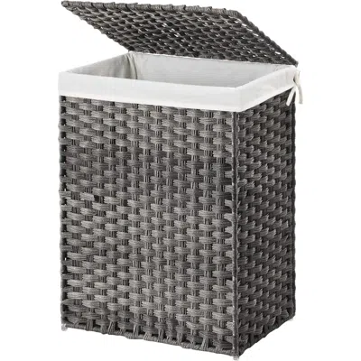 Quikfurn Grey Rattan Plastic Laundry Hamper Basket W/ Lid And Removable Cotton Liner Bag