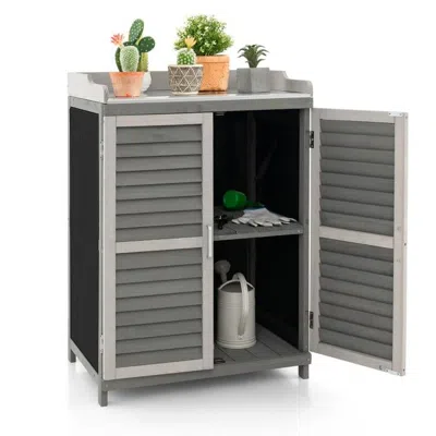 Quikfurn Grey Solid Wood Patio Storage Cabinet Garden Potting Bench Table With Metal Top