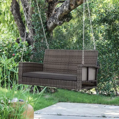 Quikfurn Grey Tones Wicker Porch Swing 7ft Hanging Chain With Dark Grey Padded Cushion