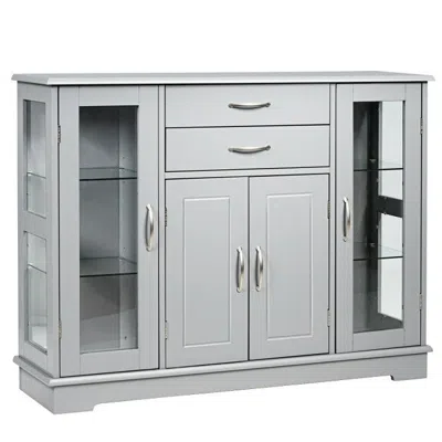 Quikfurn Grey Wood Buffet Sideboard Cabinet With Glass Display Doors