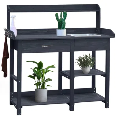 Quikfurn Grey Wood Outdoor Garden Potting Bench Storage Shelf With Removeable Sink In Black