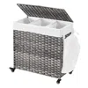 Quikfurn Handwoven Grey Pp Rattan 3-bag Laundry Basket Cart With Cotton Liner On Wheels