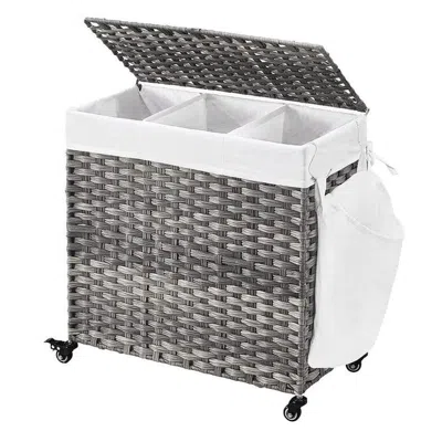 Quikfurn Handwoven Grey Pp Rattan 3-bag Laundry Basket Cart With Cotton Liner On Wheels