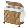Quikfurn Handwoven Pp Wicker 3-section Laundry Basket Cart With Cotton Liner On Wheels