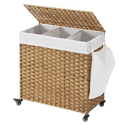 Quikfurn Handwoven Pp Wicker 3-section Laundry Basket Cart With Cotton Liner On Wheels