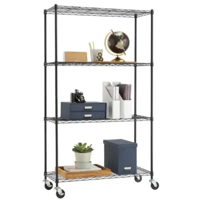 Quikfurn Heavy Duty Black Steel 4-tier Shelving Unit With Locking Casters