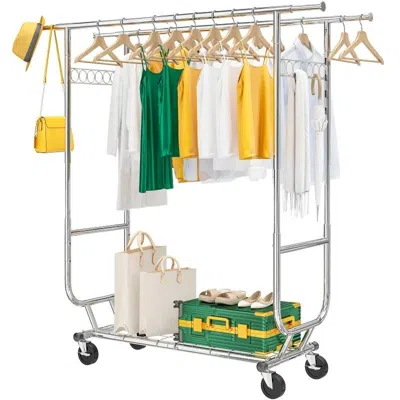 Quikfurn Heavy Duty Double Bar Clothes Garment Rack On Wheels - 600 Lbs Capacity