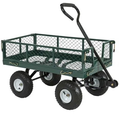 Quikfurn Heavy Duty Green Steel Garden Utility Cart Wagon With Removable Sides