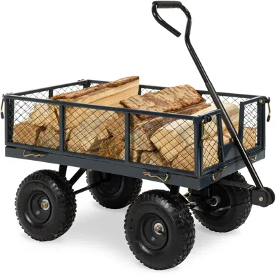 Quikfurn Heavy Duty Grey Steel Garden Utility Cart Wagon With Removable Sides