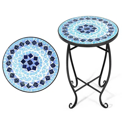 Quikfurn Indoor/outdoor Blue Mosaic Round Side Accent Table Plant Stand