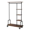 Quikfurn Industrial Metal Pipe Garment Rack With Wood Storage Shelves On Wheels