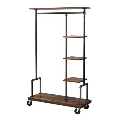 Quikfurn Industrial Metal Pipe Garment Rack With Wood Storage Shelves On Wheels