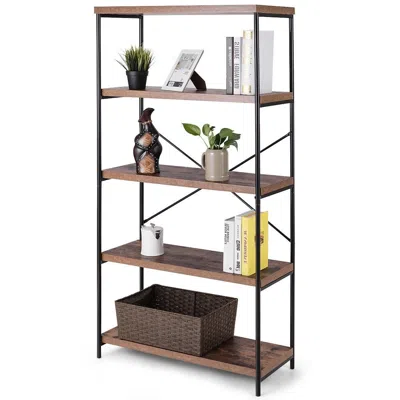 Quikfurn Industrial Metal Wood 5-tier Bookcase Storage Rack Book Shelf