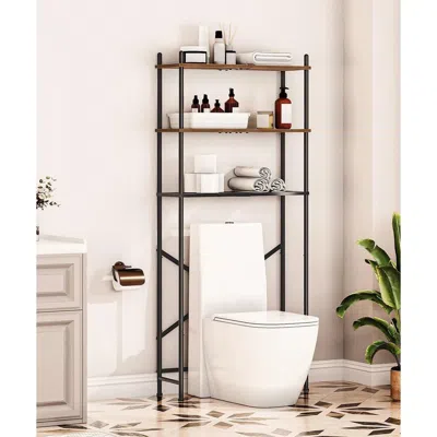 Quikfurn Industrial Metal Wood Style Over The Toilet Freestanding Storage Shelving Unit In White