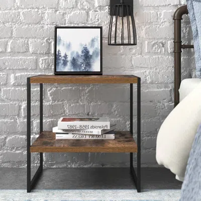 Quikfurn Industrial Modern Black Metal Brown Wood Top Nightstand End Table With Shelf