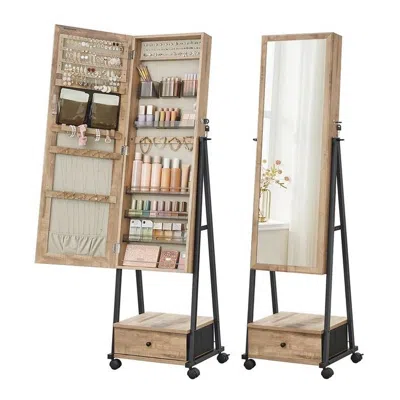 Quikfurn Industrial Modern Metal Wood Jewelry Armoire Cabinet Organizer Mirror On Wheels