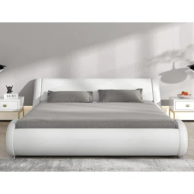 Quikfurn King Modern White Faux Leather Upholstered Platform Bed Frame With Headboard