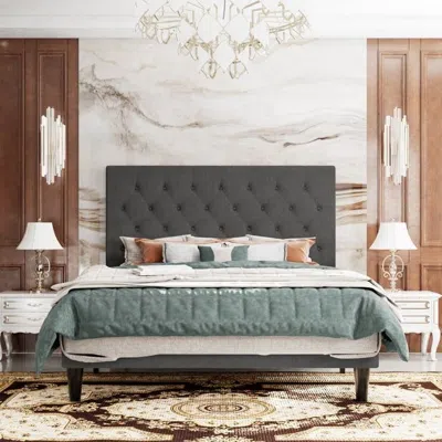 Quikfurn King Size Adjustable Height Grey Linen Tufted Low Profile Platform Bed