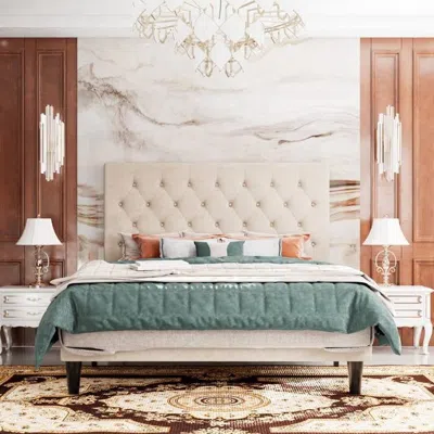 Quikfurn King Size Beige Linen Upholstered Platform Bed With Button-tufted Headboard
