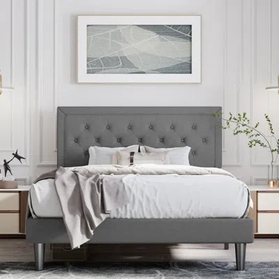 Quikfurn King Size Dark Grey Linen Upholstered Platform Bed With Button-tufted Headboard