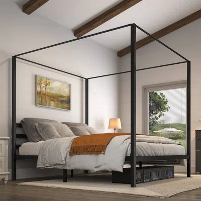 Quikfurn King Size Modern Four Poster Metal Canopy Bed In Black Finish
